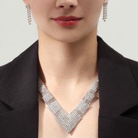 Set 2 objects: earrings, necklace "elegy" geometry, white color in silver, 40 cm-2