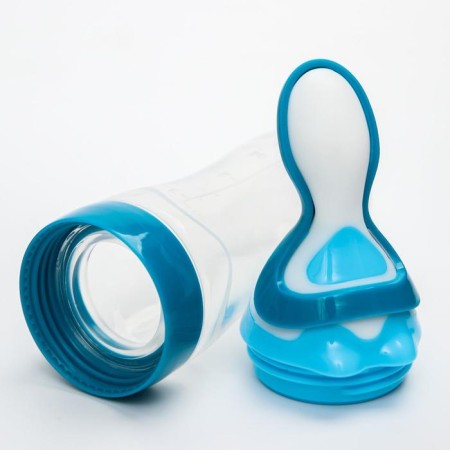 A bottle for feeding, silicone, with a spoon, from 5 months, 90 ml, blue color-4