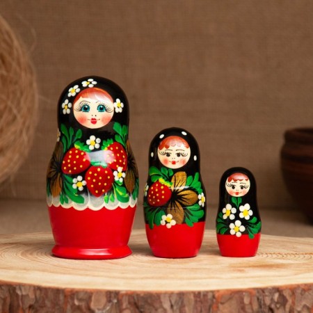 Nesting doll "strawberries", black scarf, 3 puppet, 10 cm