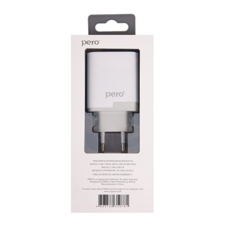 Network charger PERO TC05, USB, USB-C, 3 A, fast charging, white-5