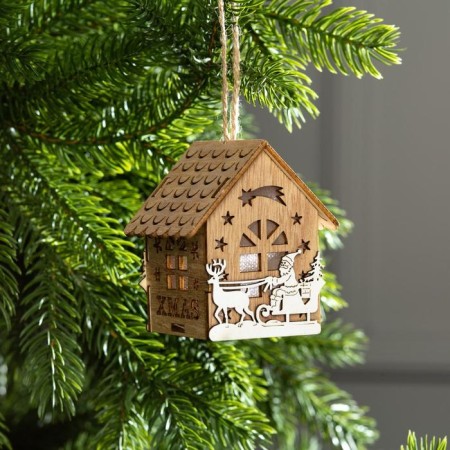 Christmas tree toy "House with Santa Claus on the sled", from batteries, glow warm white-1