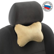 Car bone pillow, on a headrest, velor, beige, rhombus, 16 x 24 cm