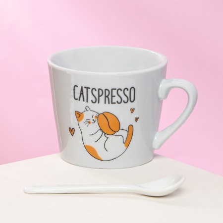 Ceramic mug with a spoon of Catspresso, 180 ml, white color-1