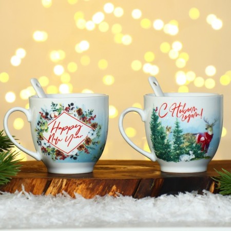 Happy New Year ceramics set, 180 ml mug, 2 pcs, spoon 2 pcs, white color-2