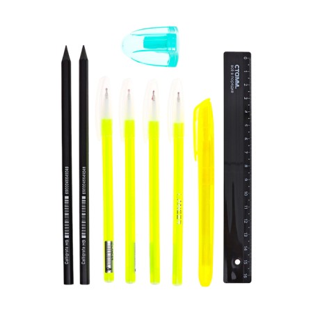 Cleaning set 10 objects (pencil case 65 x 210 mm, pens 4 pieces Blue, ruler 15 cm, sharpener, pencil 2 pieces, textbook), gray-9