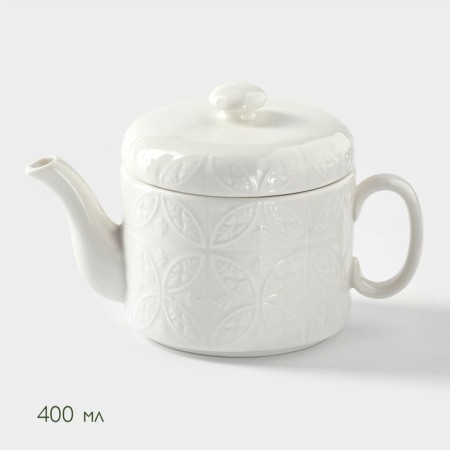 Porcelain tea set on the bamboo stand Bellatenero "Ornament", 2 items: kettle 400 ml, mug 280 ml, white color-3