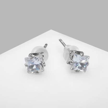 Earrings with rhinestones "Pusets" radiance, square, d = 0.4, white color in silver-2