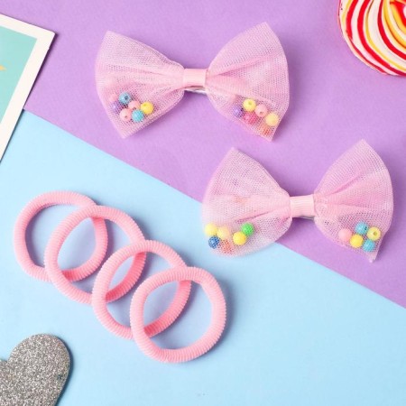 Hair set "Karapunka" (4 elastic bands, 2 clamps) bright beads, 7.5x5 cm, pink-1