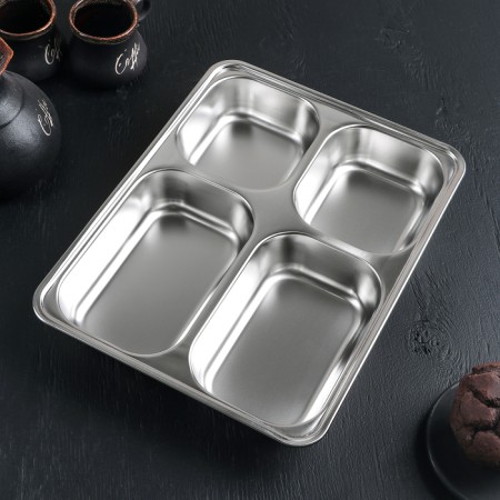 Deep tray of stainless steel, 4 sections, 28 × 22 × 4.5 cm, 420 ml/280 ml