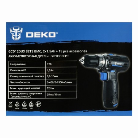 DRAST-SURVERUPET DEKO GCD12DU3 SET3, 12 V, 2x1.5 Ah, Li-Lon, 32 Nm + equipment 13 pr.-12