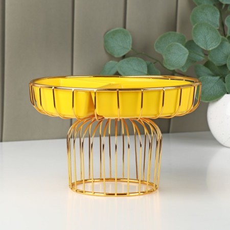 Menzhitsa ceramic 3 cells on the metal stand "Bohemia", 22 × 14 cm, yellow color