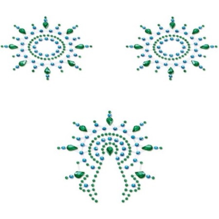 Set of stickers Breast & Pubic Jewelry Green and Blue Crystals, 3 pcs.