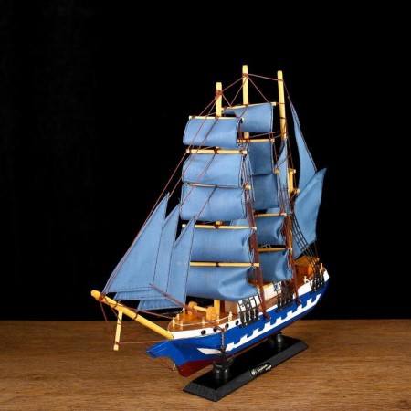 The ship is a souvenir average "horseman", the sails are blue, mix, 43x8.5x39 cm-2