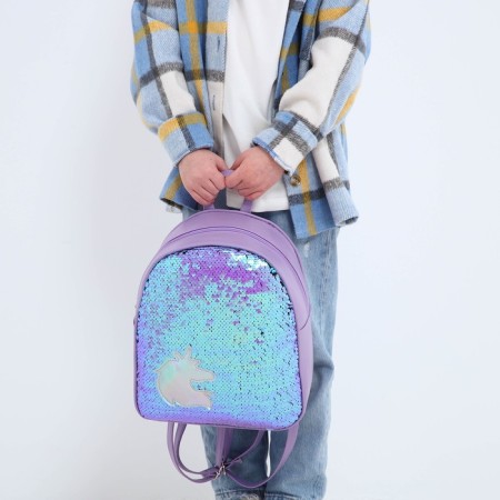 Baby backpack for a girl with sequins "Unicorn", a lightning department, blue color-6