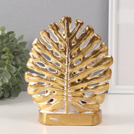 Souvenir Polystone "Golden Elephant at the Palm Leaf" 14.5x9x17.5 cm-2