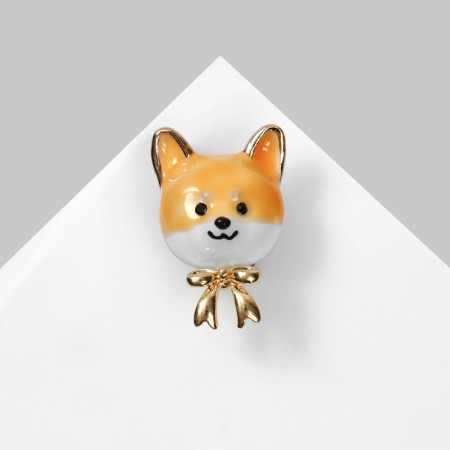 Brooch "Dog" Siba Inu with a bow, white-orange color in gold