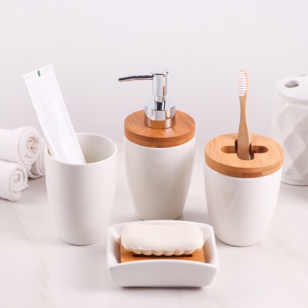 A set of accessories for the Bamboo bathroom, 4 items (soap dish, dispenser, two glasses)-1