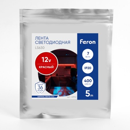 Feron 5 m, IP20, COB LED strip, 400 LED/m, 7 W/m, 12 V, red glow red-2