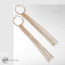 Hanging earrings with Hollywood rhinestones on rings, white color in gold, 17 cm