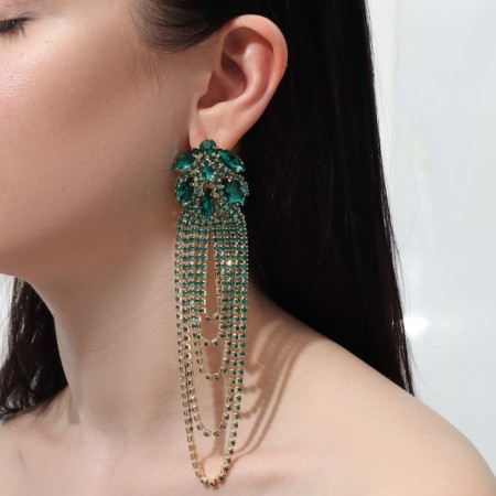 Hanging earrings with rhinestones "Magic" drops and waterfall, green color in gold, 14 cm-3
