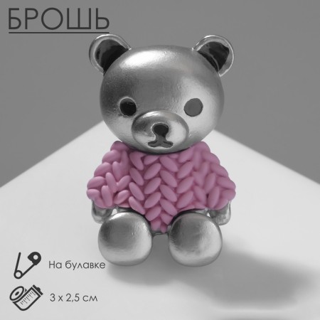 Brooch "Bear" in a sweater, pink color in matte silver
