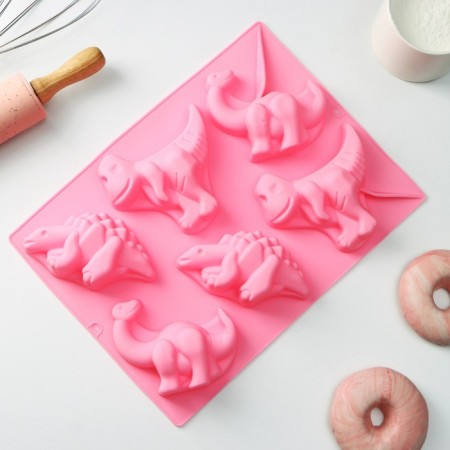 Baking uniform “Animals. Dinosaurs”, silicone, 29 × 21 cm, 6 cells (10.4 × 7.2 cm), pink color-1