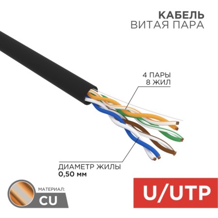 Bay cable twisted pair U/UTP, CAT 5E, PE, 4PR, 24AWG, OUTDOOR, Solid, Black, 25m, Rexant