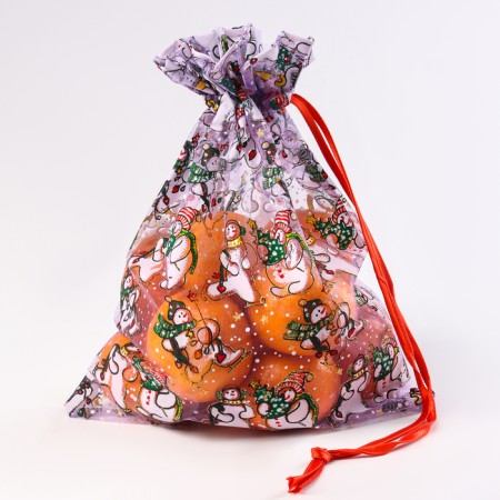 Gift bag "Snowmen with Christmas trees", p. 25 × 32 cm, organza-1