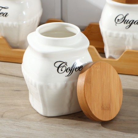 A set of ceramic cans for bulk products on an esthete wooden stand, 3 items: 650 ml, white color-1