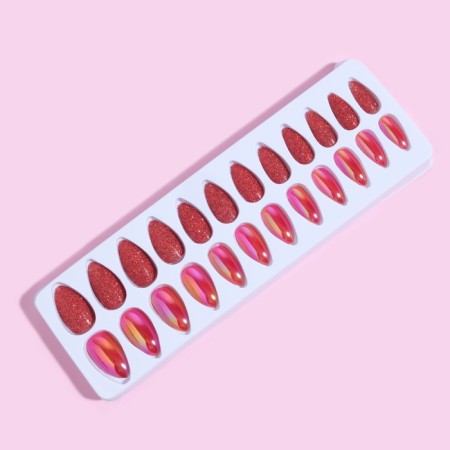 False nails, 24 pcs, with glue plates, the shape of almonds, sparkles/holography, red color-5