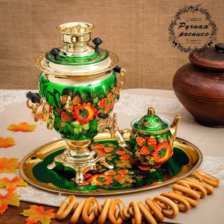 The set "Poppies on the Green", a stoker, 3 objects, a samovar 3 l, a teapot 0.7 l, tray-22