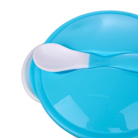A set of children's dishes, 3 objects: a plate on a suction cup, cover, spoon, blue color-2