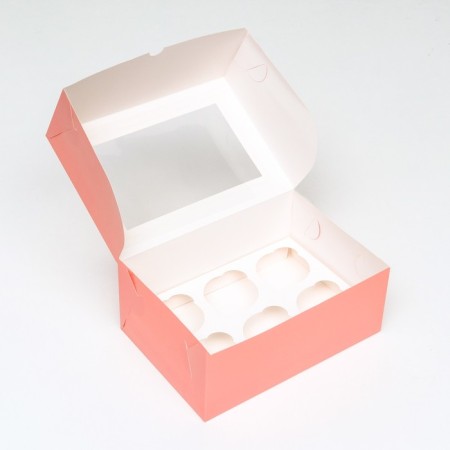 Packaging for 6 cupcakes with a window, pink, 25 x 17 x 10 cm-2