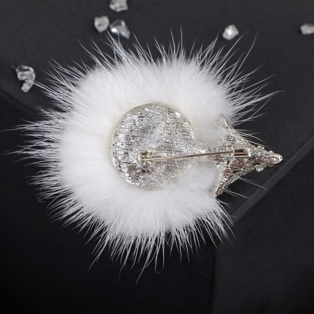 Brooch "Hedgehog" fluffy, white color in silver-1