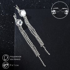 Hanging earrings with “Evening” large crystal, 3 lines, white color in silver, 9 cm