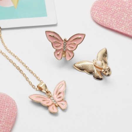 Set "Chosulka" 2 items: clips, pendant, spring butterflies, pink color in gold-1