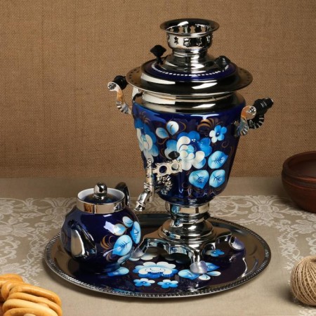 The set "Zhostovo on the blue", a glass, 3 objects, a samovar 3 l, a teapot 0.7 l, tray-11