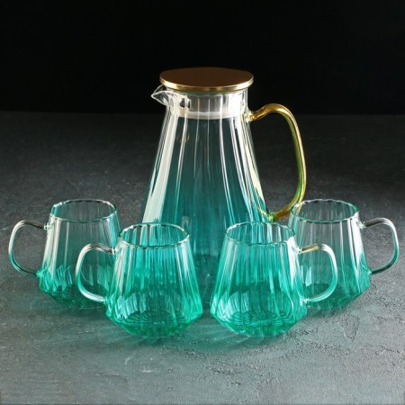 Magistro gradient glass drinks set, 5 items: a jug of 1.8 liters, 4 circles 300 ml, turquoise color