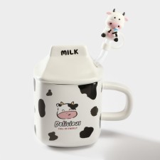 Ceramic mug with a Milk lid and tube, 350 ml, white and black color