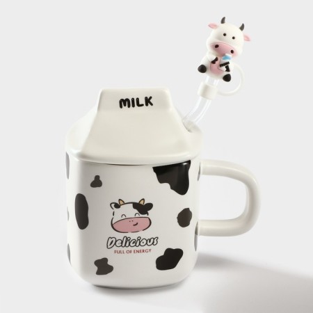 Ceramic mug with a Milk lid and tube, 350 ml, white and black color