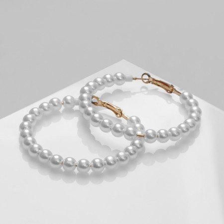 Earrings-rings "Tenderness of pearls" are medium ring, white color in gold, d = 5.5 cm