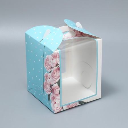 Box for small cake, confectionery packaging, “peonies”, 15 x 15 x 18 cm