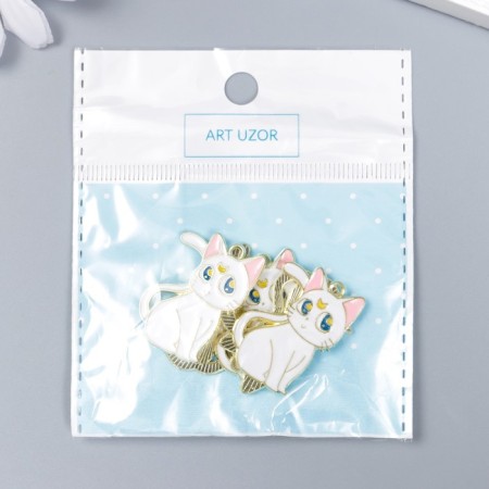 Decor for creativity metal, enamel "cat with a month" white 2.1x3 cm-3
