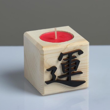 A candle in a wooden candlestick "Cube, hieroglyphs. Health", cherry aroma