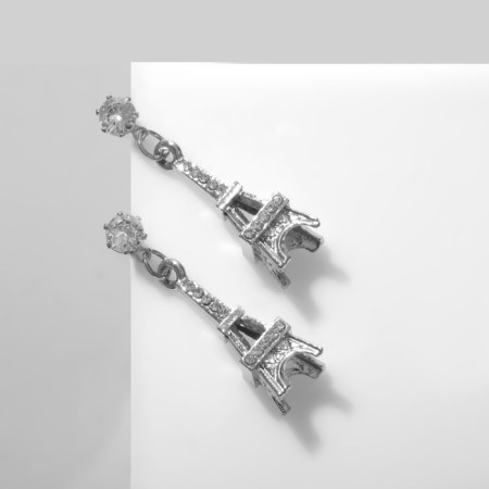 Earrings with Eiffel Tower rhinestones, white color in silver-1