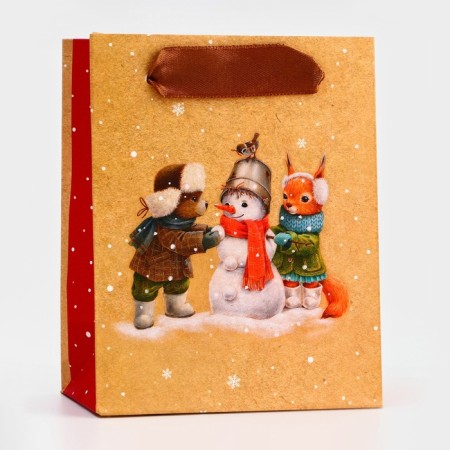 New Year. Package Gift New Year Laminated "Beast and Snowman", Lux, 11.5 x 14.5 x 6.5 cm.