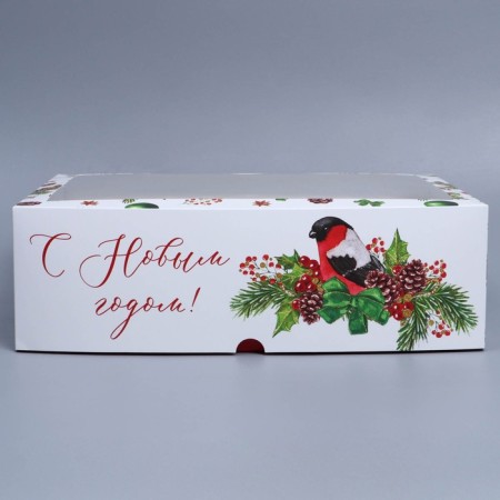 Folding box for 12 cupcakes with the Bullfinch window, 32.8 x 25.6 x 10 cm, New Year-2