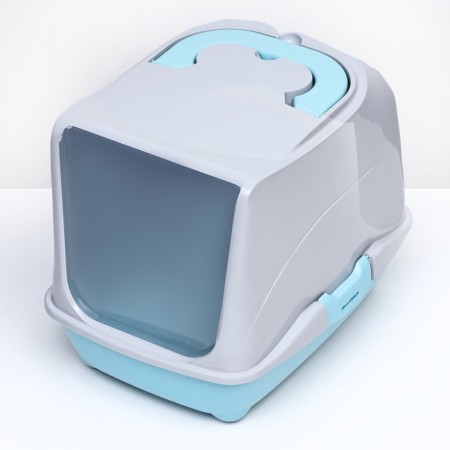 Domik toilet for cats closed with a door 43*32*33 cm, turquoise-gray-3