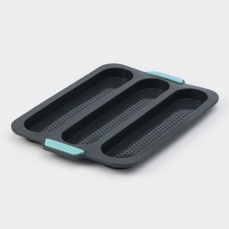 Silicone form for baking with perforation "Baget", 34.5 × 24 × 2.2 cm, 3 cells (28 × 6 × 2 cm), the color is gray.