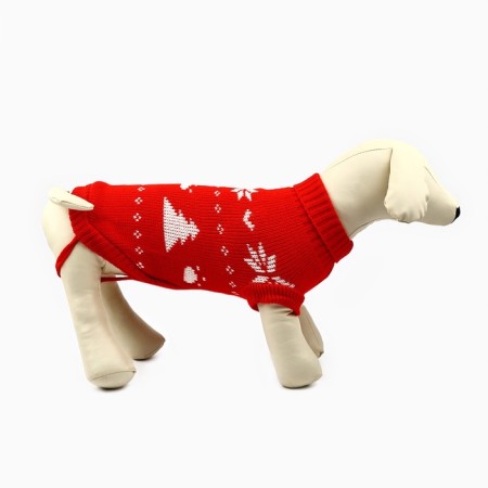 Clothing for dogs. Knitted sweater with "New Year" ornament, red, size m-2